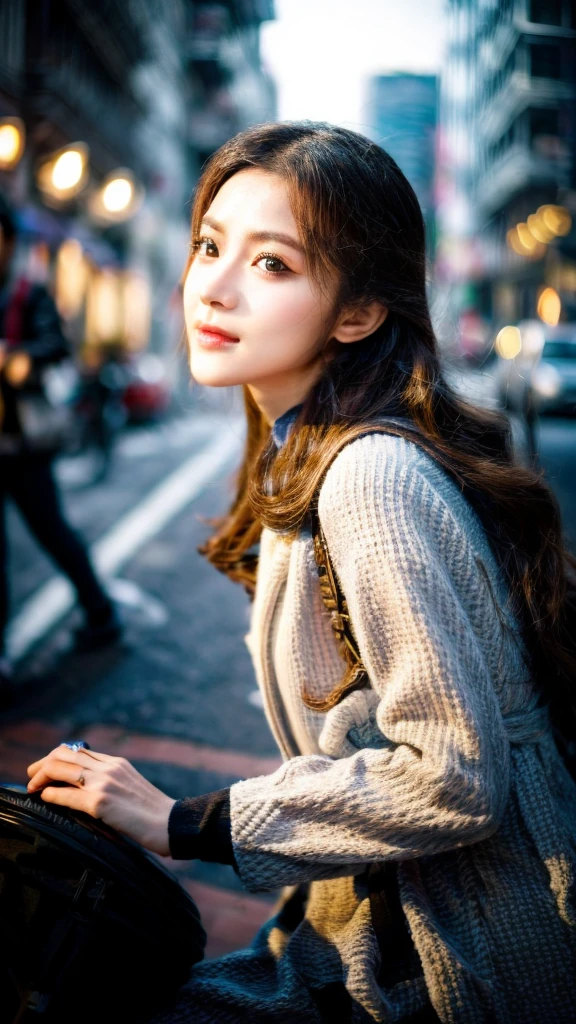 a girl riding a bicycle while using a smartphone, detailed face, beautiful detailed eyes, beautiful detailed lips, extremely detailed eyes and face, long eyelashes, detailed clothing, dynamic motion, urban city street background, (best quality,4k,8k,highres,masterpiece:1.2),ultra-detailed,(realistic,photorealistic,photo-realistic:1.37),vibrant colors,cinematic lighting,intricate details,street photography style