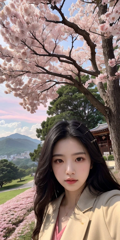 (best quality, masterpiece),(1girl, miko, coat, expression face, black eyes, looking at front ,black hair, walking, upper body), (night strray sky, huge old tree behind, falling glowing pink petals behind, shrine behind, mountain background, blowing wind, meteoric cloud)