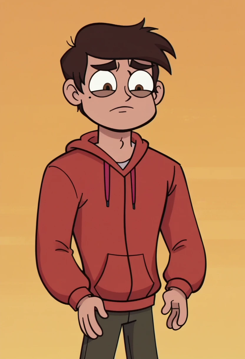 score_9, score_8_up, score_7_up, score_6_up, score_5_up, 1boy, marco diaz, brown hair, red hoodie, mole under eye, pants, solo, svtfoe style, 
orange background,