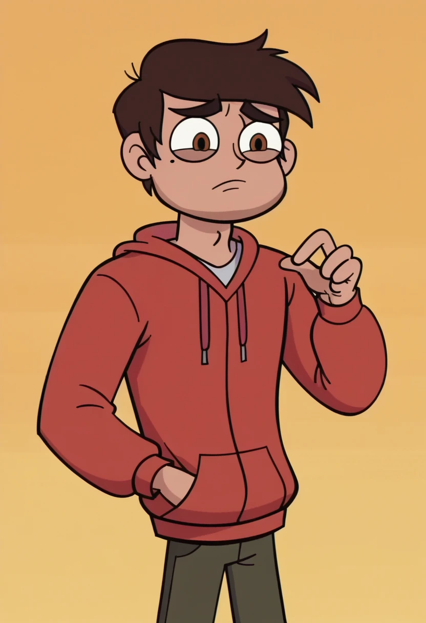 score_9, score_8_up, score_7_up, score_6_up, score_5_up, 1boy, marco diaz, brown hair, red hoodie, mole under eye, pants, solo, svtfoe style, 
orange background,