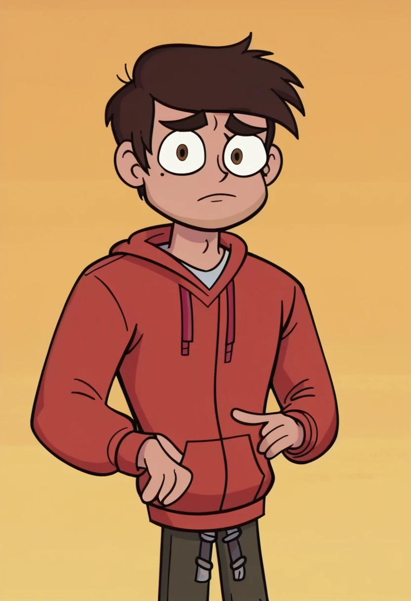 score_9, score_8_up, score_7_up, score_6_up, score_5_up, 1boy, marco diaz, brown hair, red hoodie, mole under eye, pants, solo, svtfoe style, 
orange background,