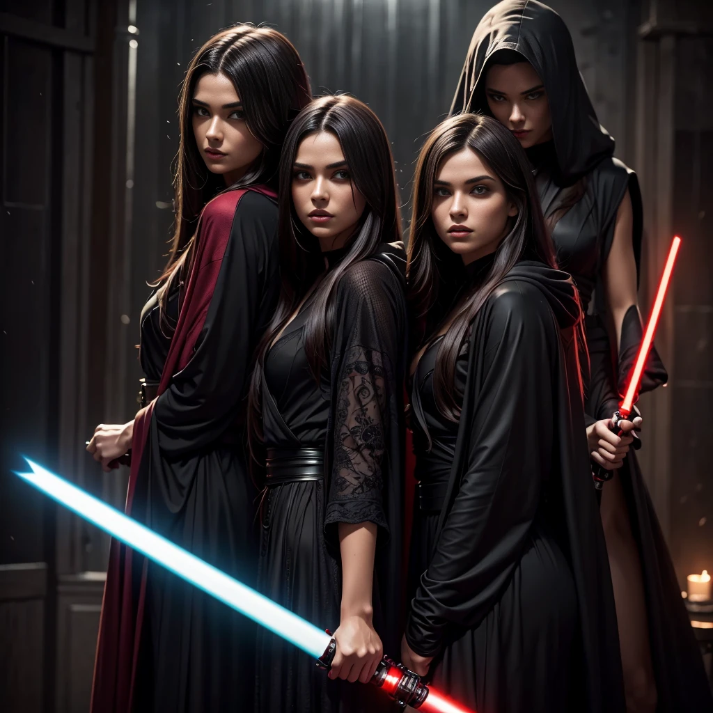 2 beautiful detailed woman with long dark hair wearing a black hooded robe, dramatic lighting,glowing red lightsaber,(2 girls,masterpiece:1.2),ultra-detailed,photorealistic,sci-fi,dramatic cinematic lighting,moody atmosphere,dark fantasy,high contrast,muted color palette