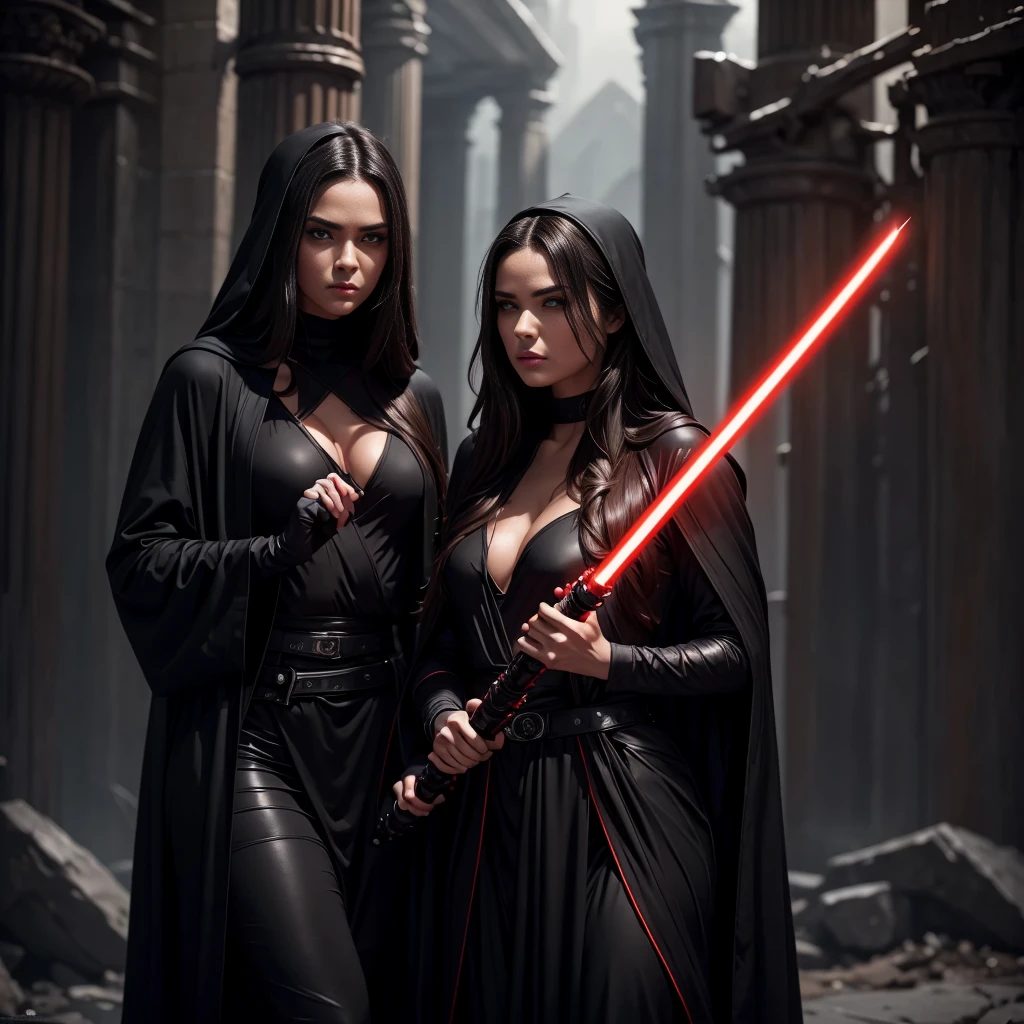 2 beautiful detailed woman with long dark hair wearing a black hooded robe, dramatic lighting,glowing red lightsaber,(2 girls,masterpiece:1.2),ultra-detailed,photorealistic,sci-fi,dramatic cinematic lighting,moody atmosphere,dark fantasy,high contrast,muted color palette