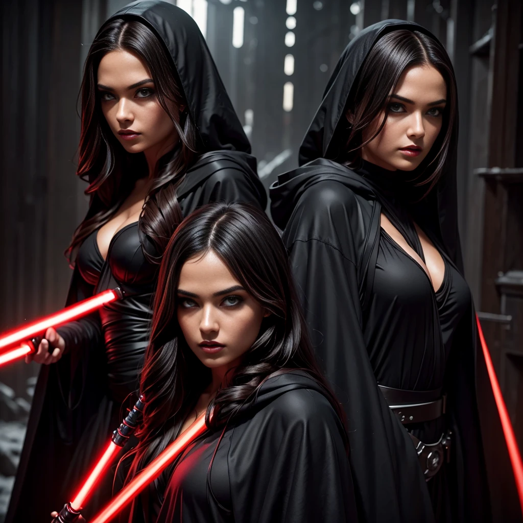 2 beautiful detailed woman with long dark hair wearing a black hooded robe, dramatic lighting,glowing red lightsaber,(2 girls,masterpiece:1.2),ultra-detailed,photorealistic,sci-fi,dramatic cinematic lighting,moody atmosphere,dark fantasy,high contrast,muted color palette