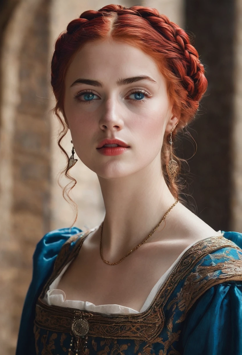 young woman(23 years old). Bright red, Wavy hair, braided(in the manner of Lucrezia Borgia или на манер таргариенов), pearl earrings in the ears, necklace of pearls on the neck. Eyes sky blue. Red eyebrows, very thin and curved. The skin is pale, she has freckles. Elongated face, oval shape. Facial features are naive, girlish and neat. Dress in Renaissance or Middle Ages style, in the manner of Lucrezia Borgia. Mouth wide, and your lips are full. Брови very thin and curved, Light. одета в платье in the manner of Lucrezia Borgia. Realism style.