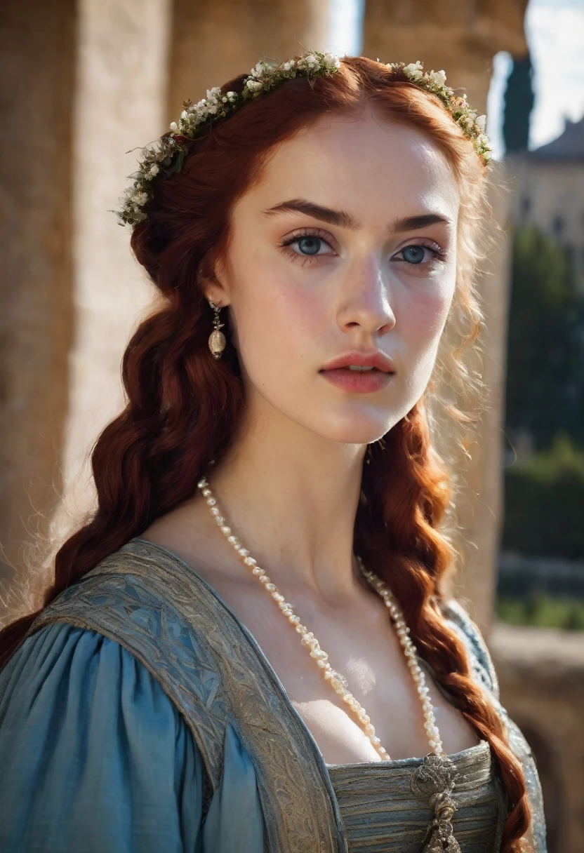 young woman(23 years old). Bright red, Wavy hair, braided(in the manner of Lucrezia Borgia или на манер таргариенов), pearl earrings in the ears, necklace of pearls on the neck. Eyes sky blue. Red eyebrows, very thin and curved. The skin is pale, she has freckles. Elongated face, oval shape. Facial features are naive, girlish and neat. Dress in Renaissance or Middle Ages style, in the manner of Lucrezia Borgia. Mouth wide, and your lips are full. Брови very thin and curved, Light. одета в платье in the manner of Lucrezia Borgia. Realism style.