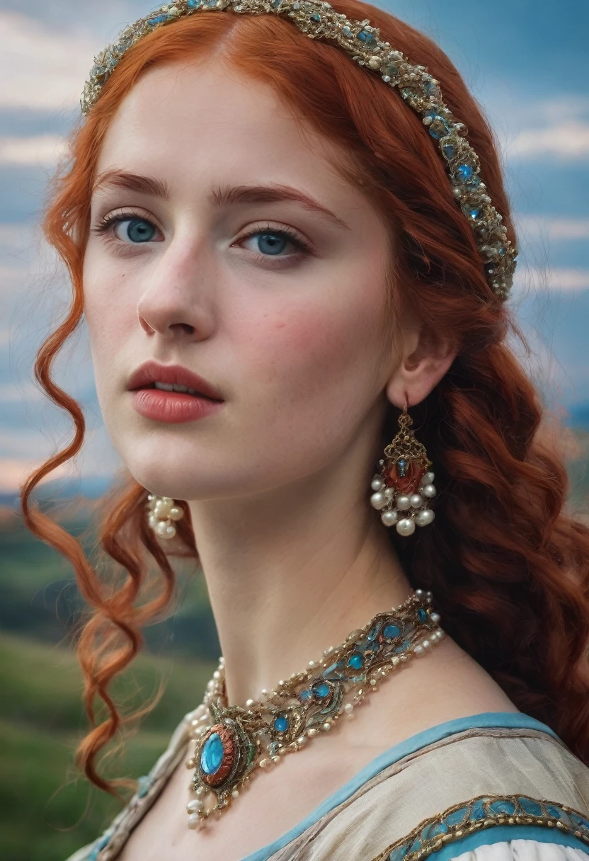 young woman(23 years old). Bright red, Wavy hair, braided(in the manner of Lucrezia Borgia или на манер таргариенов), pearl earrings in the ears, necklace of pearls on the neck. Eyes sky blue. Red eyebrows, very thin and curved. The skin is pale, she has freckles. Elongated face, oval shape. Facial features are naive, girlish and neat. Dress in Renaissance or Middle Ages style, in the manner of Lucrezia Borgia. Mouth wide, and your lips are full. Брови very thin and curved, Light. одета в платье in the manner of Lucrezia Borgia. Realism style.