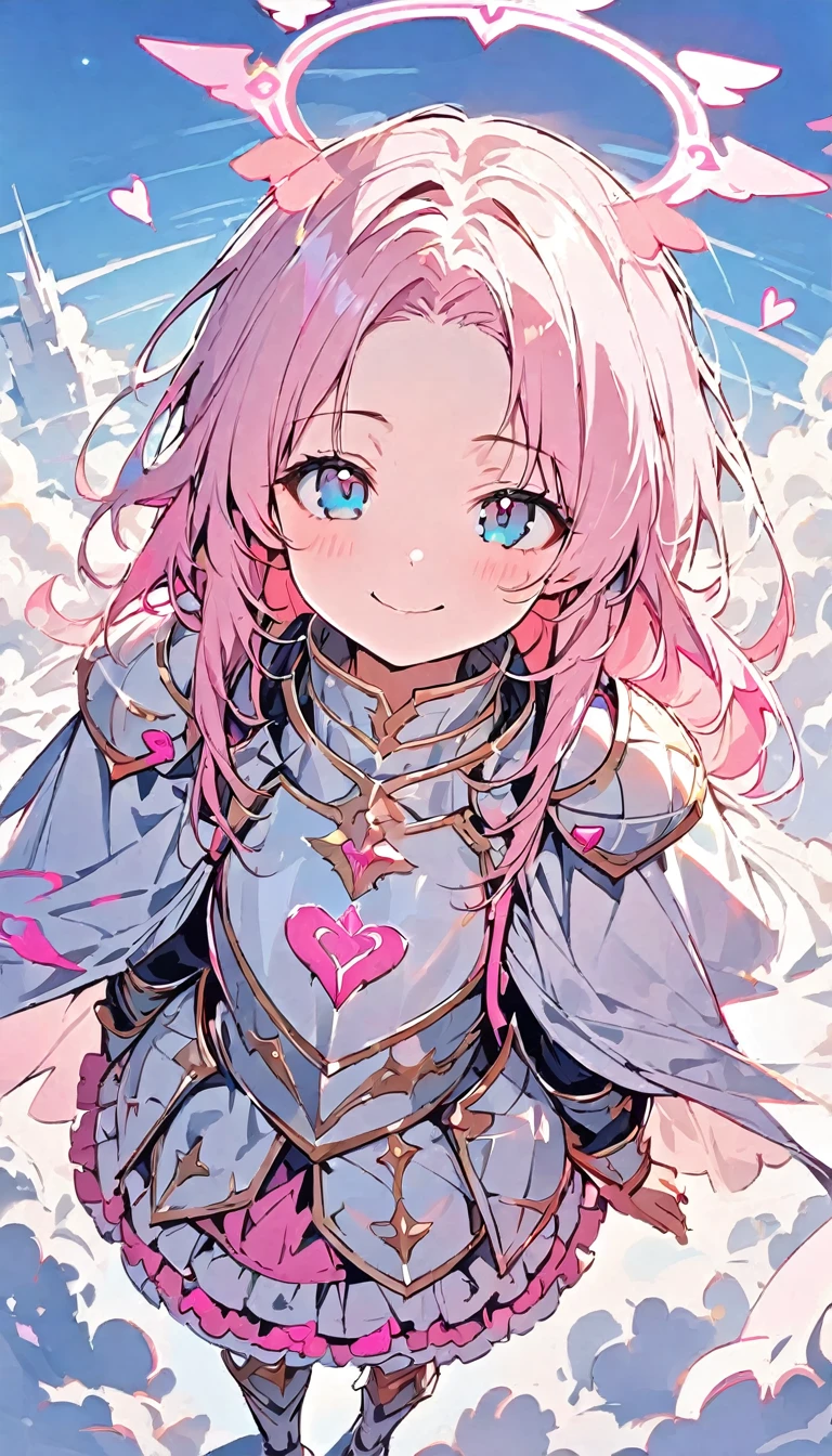 (high quality, 8k, 4K, high contrast, artwork:1.2, high quality, best aesthetics), (centralized), ((1 woman)), erotic, sensual, mature body, super detailed, beautiful face detailed, beautiful eyes detailed, detailed beautiful mouth, (light pink hair, long light pink hair, wavy light pink hair), (blue eyes), (white medieval armor with pink hearts and decorated pink details), (shoulder pads), (ruffled skirt), (long white cape), (pink angel halo), (smiling), (calm facial expression), (standing erect), (looking at the viewer), (centered), (above the clouds), (clear sky)