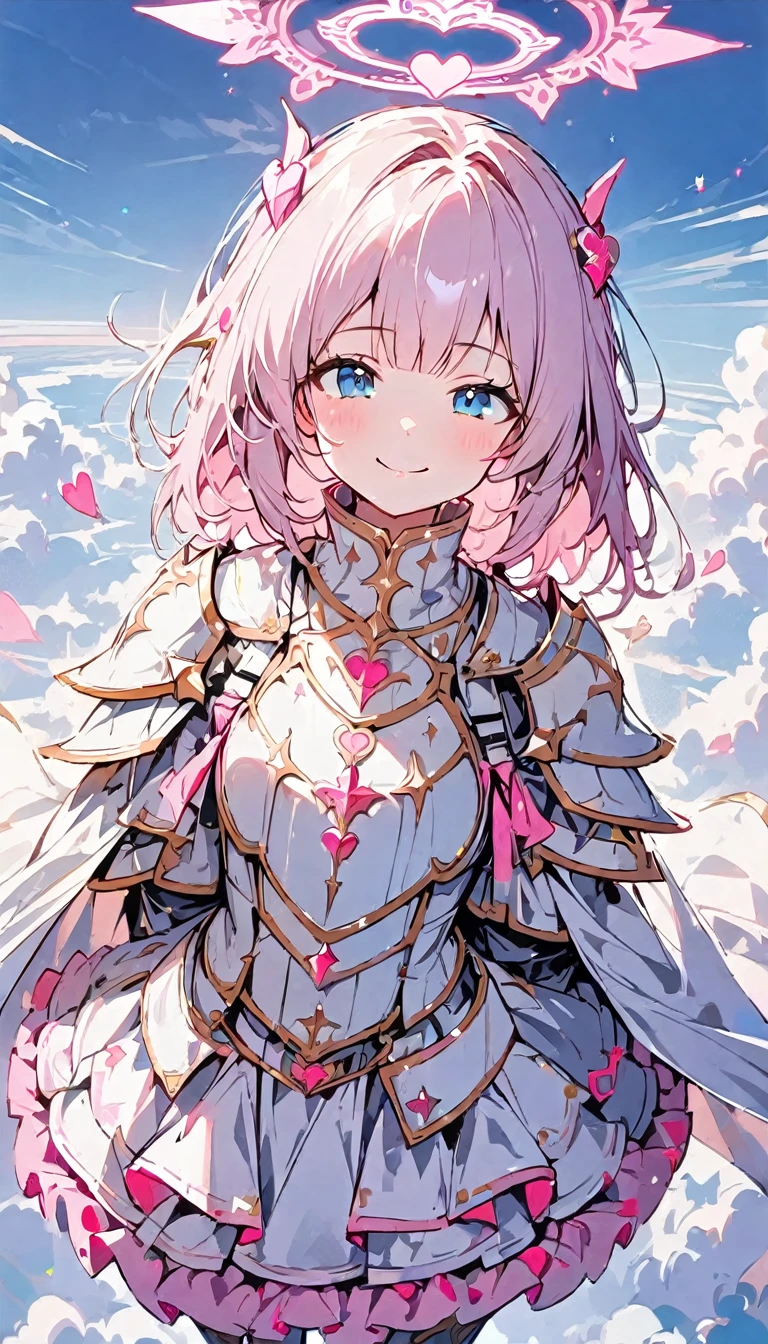 (high quality, 8k, 4K, high contrast, artwork:1.2, high quality, best aesthetics), (centralized), ((1 woman)), erotic, sensual, mature body, super detailed, beautiful face detailed, beautiful eyes detailed, detailed beautiful mouth, (light pink hair, long light pink hair, wavy light pink hair), (blue eyes), (white medieval armor with pink hearts and decorated pink details), (shoulder pads), (ruffled skirt), (long white cape), (pink angel halo), (smiling), (calm facial expression), (standing erect), (looking at the viewer), (centered), (above the clouds), (clear sky)