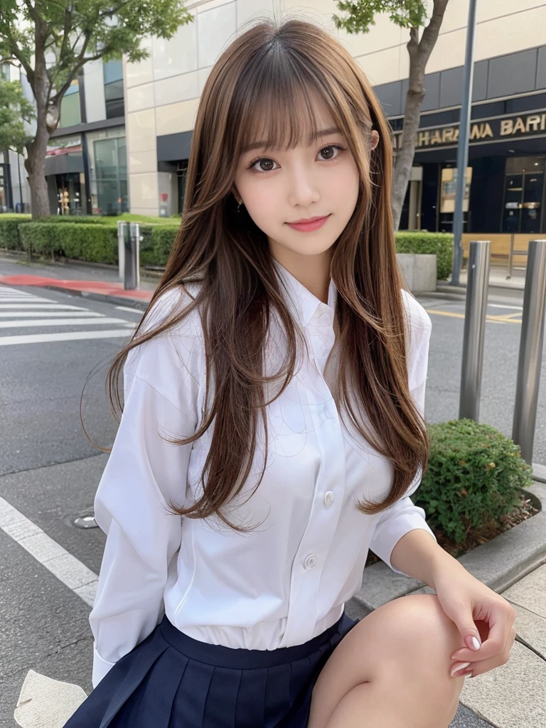 (Detailed skin:1.2),(Shiny skin:1.1),8K,Highest quality, masterpiece, Ultra-high resolution,(Realistic:1.4), RAW Photos,(Soft saturation:1.3),(Fair skin:1.2),Japanese Idols,repair,20 years, Light brown hair, （Long Hairstyles:1.2), Asymmetrical Hair, Asymmetrical bangs (Pretty face:1.4), (Big Breasts, Tight waist), Beautiful lighting, Small Head, (uniform:1.2,),Highly detailed face, Highly detailed lips, fine grain, double eyelid,（Full Body Shot）, Browsing Caution, （Sharp focus: 1.2）, （Perfect Anatomy、Beautiful woman with perfect figure: 1.2）、Random sexy poses，Accentuate your leg lines、Smiling
