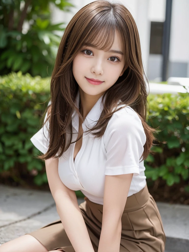 (Detailed skin:1.2),(Shiny skin:1.1),8K,Highest quality, masterpiece, Ultra-high resolution,(Realistic:1.4), RAW Photos,(Soft saturation:1.3),(Fair skin:1.2),Japanese Idols,repair,20 years, Light brown hair, (Long Hairstyles:1.2), Asymmetrical Hair, Asymmetrical bangs (Pretty face:1.4), (Big Breasts, Tight waist), Beautiful lighting, Small Head, (uniform:1.2,),Highly detailed face, Highly detailed lips, fine grain, double eyelid,(Full Body Shot), Browsing Caution, (Sharp focus: 1.2), (Perfect Anatomy、Beautiful woman with perfect figure: 1.2)、Random sexy poses,Accentuate your leg lines、Smiling