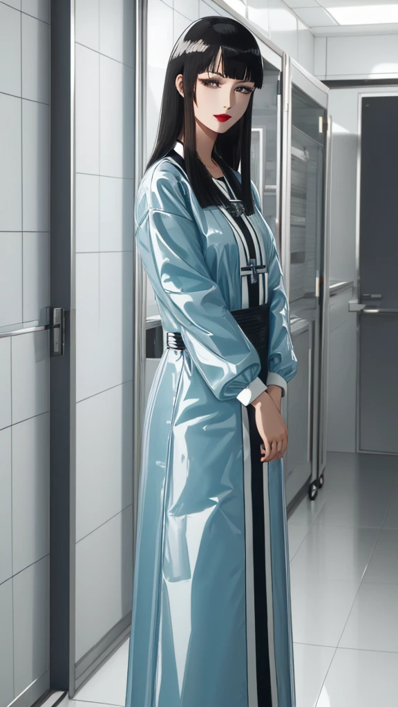 (masterpiece, best quality), SShutaraV4, source_anime, natural light, senjumaru shutara, 1girl, solo, slight smile, long hair, bangs, blunt bangs, sidelocks, (black eyes), (black hair:1.4), makeup, lipstick, red lipstick, mature, mature female, nurse uniform, rubber gloves, patient room background,