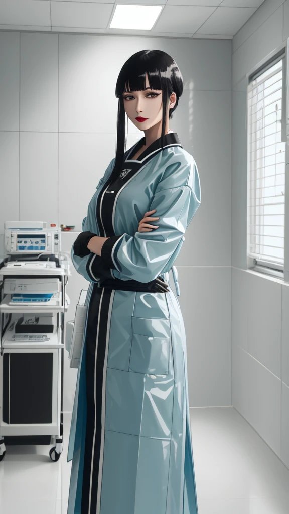 (masterpiece, best quality), SShutaraV4, source_anime, natural light, senjumaru shutara, 1girl, solo, slight smile, long hair, bangs, blunt bangs, sidelocks, (black eyes), (black hair:1.4), makeup, lipstick, red lipstick, mature, mature female, nurse uniform, rubber gloves, patient room background,