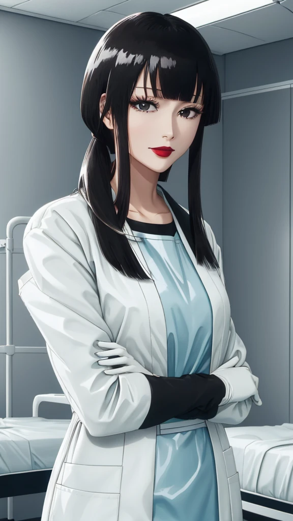 (masterpiece, best quality), SShutaraV4, source_anime, natural light, senjumaru shutara, 1girl, solo, slight smile, long hair, bangs, blunt bangs, sidelocks, (black eyes), (black hair:1.4), makeup, lipstick, red lipstick, mature, mature female, nurse uniform, rubber gloves, patient room background,