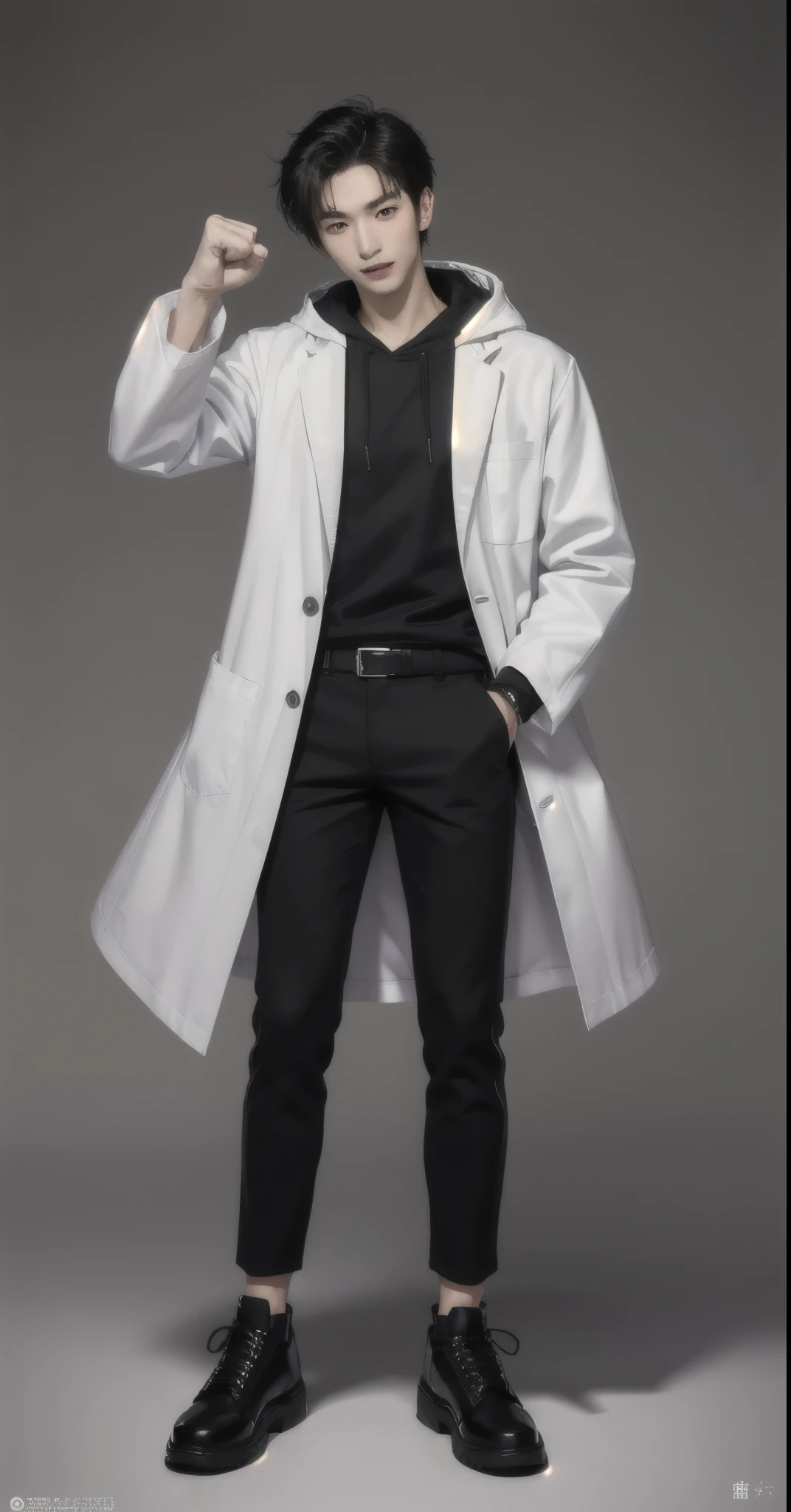 (photorealistic:1.2), (high detail face:1.3), (high detail hands:1.3), (anatomically correct hands:1.2), handsome young asian man, Japanese idol style, short clean-cut hair, ((center part)), (crisp white lab coat:1.3), ((black hoodie underneath:1.2)), (black pants:1.2), (black shoes:1.2), (enthusiastic expression:1.3), ((victory pose:1.4)), (both arms raised:1.3), (clenched fists:1.3), (energetic stance:1.2), plain white background, mid-shot portrait, full body view, high quality, detailed, 8K, (realistic skin texture:1.2), (sharp focus:1.1), (contrast between white coat and black clothing:1.2)