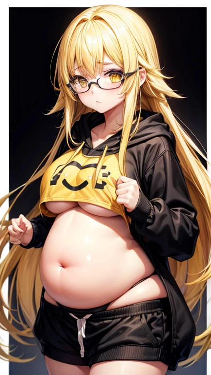 Highest quality、White background、(((One girl)))、(((he is short)))、yandere face、((BREAK Light yellow straight hair))、Yellow Eyes、Round Glasses、((((Stylish))))、(((Black hoodie)))、(BREAK Embarrassed)、(Plump)、((Large Breasty belly is a little fat)