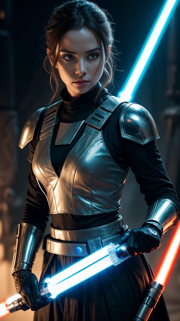a female jedi in star wars, holding a glowing lightsaber, detailed face, beautiful eyes, long eyelashes, detailed intricate armor, sci-fi, epic, cinematic lighting, dramatic shadows, high contrast, vibrant colors, 8k, hyper detailed, masterpiece