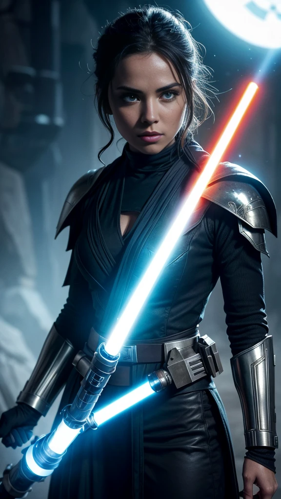 a female jedi in star wars, holding a glowing lightsaber, detailed face, beautiful eyes, long eyelashes, detailed intricate armor, sci-fi, epic, cinematic lighting, dramatic shadows, high contrast, vibrant colors, 8k, hyper detailed, masterpiece