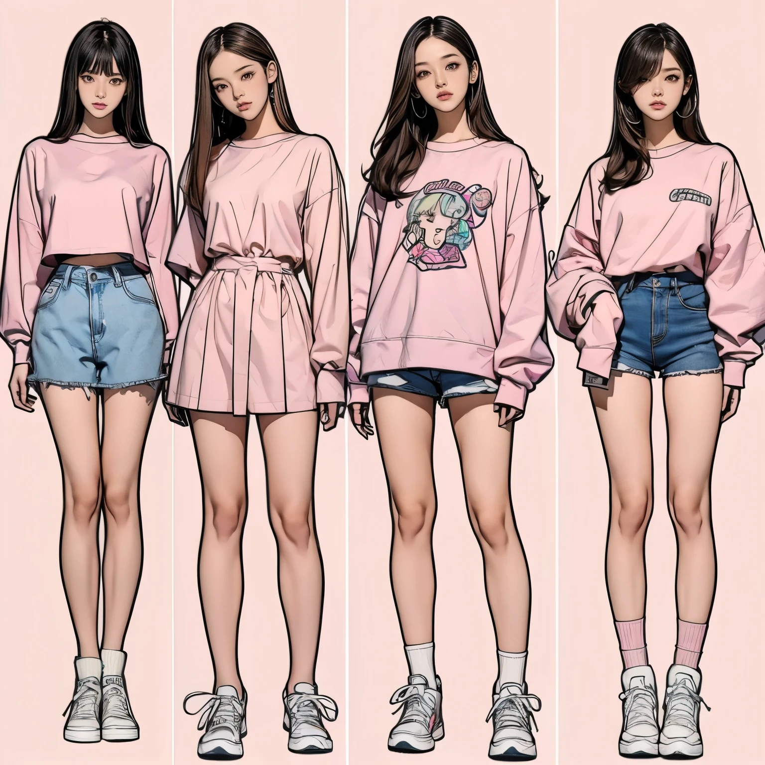 ((masterpiece,best quality;1.3,best illustration)),((character design sheet)) headphone, 1 woman,19 year old attractive beauty, Wearing the, seoul, Wearing short pants, long oversized shirt, converse sneakers,Close up of person standing in pink room, Blackpink Jisoo, Blackpink Jisoo, Blackpink Jisoo의 초상화, portrait of Blackpink's Josh, Blackpink's Josh, krystal, blackpink jennie, Blackpink's Roseanne Park, wearing a tracksuit, 운동복Wearing the, common ratio, Taejun Kim, from me, advertising image, jiyun chae