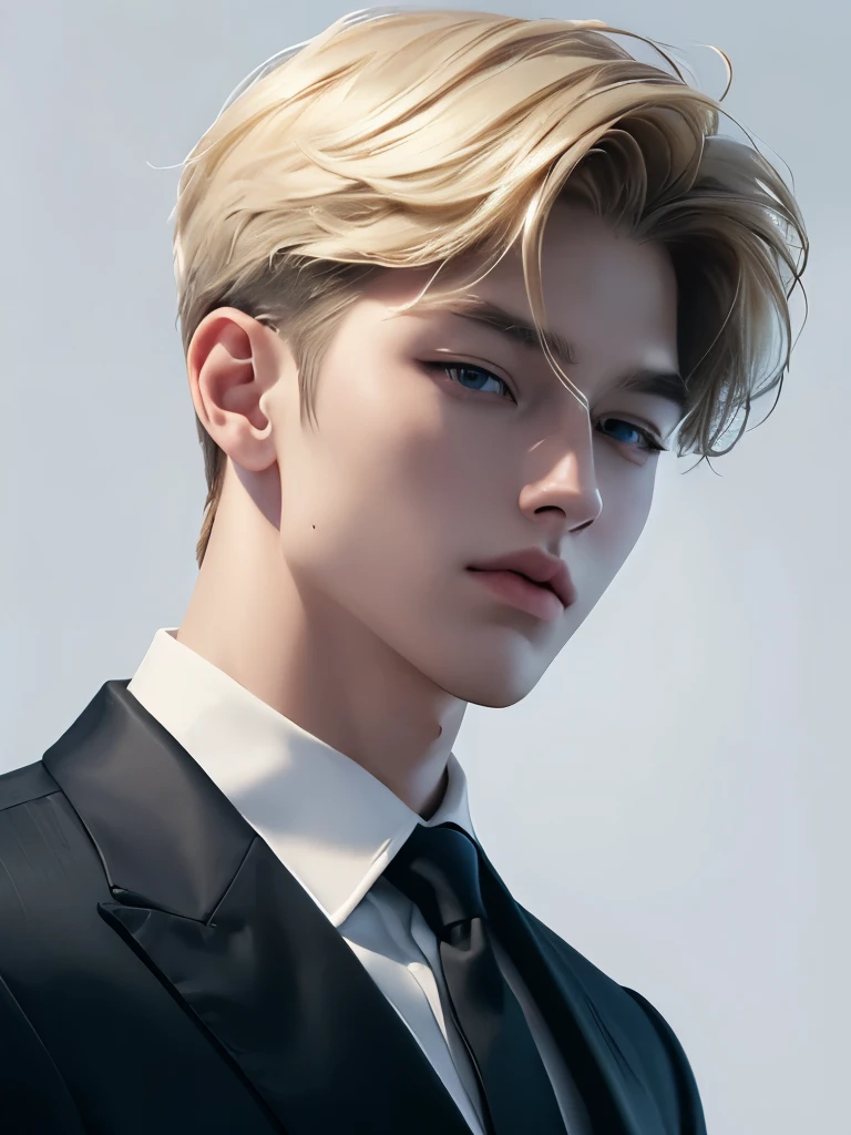 ((best quality, 8K, masterpiece: 1.3)), handsome boy, blonde, half korean, baddie, white wallpaper, black suit, portrait, nice angle, natural