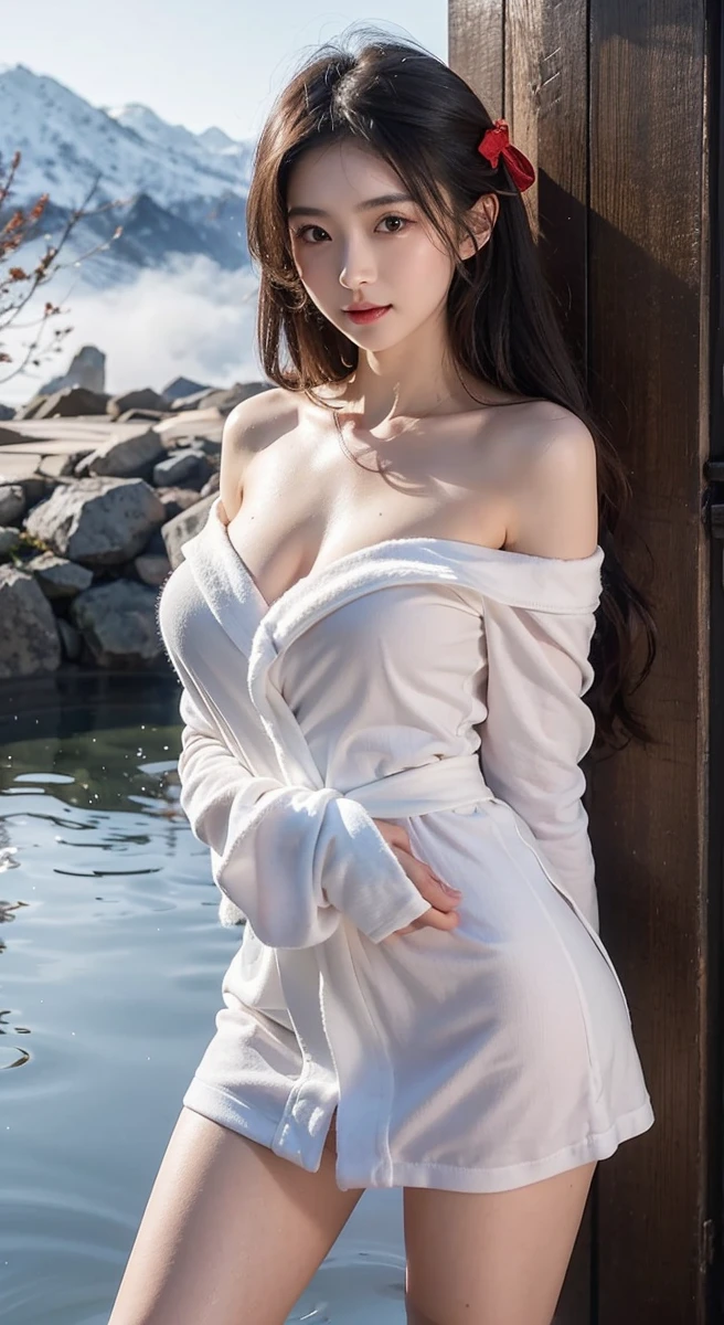 Beautiful Chinese waifu, early 30s, brunette hair, wet bathrobe, in hot spring, winter mountain background