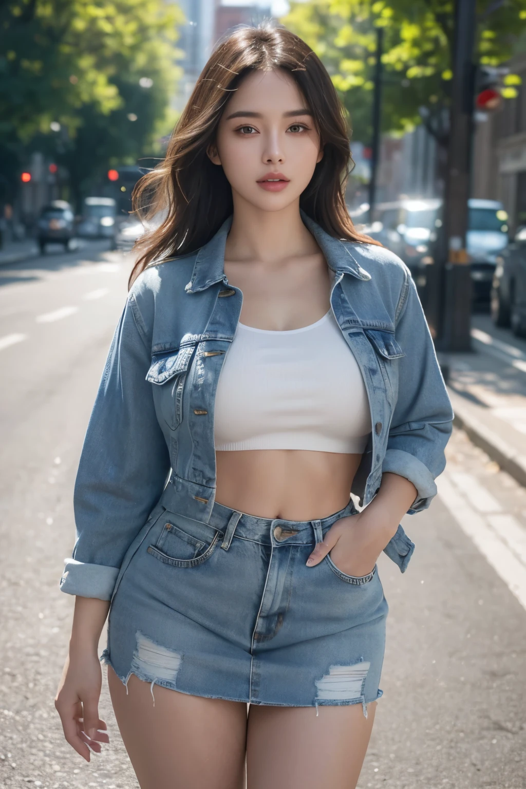 a beautiful woman with a plump body, wearing a denim jacket, with abs, wearing a mini skirt and high thighs, standing on a city street in daylight, beauty portrait photography, (best quality,4k,8k,highres,masterpiece:1.2),ultra-detailed,(realistic,photorealistic,photo-realistic:1.37),HDR,studio lighting,vivid colors,professional