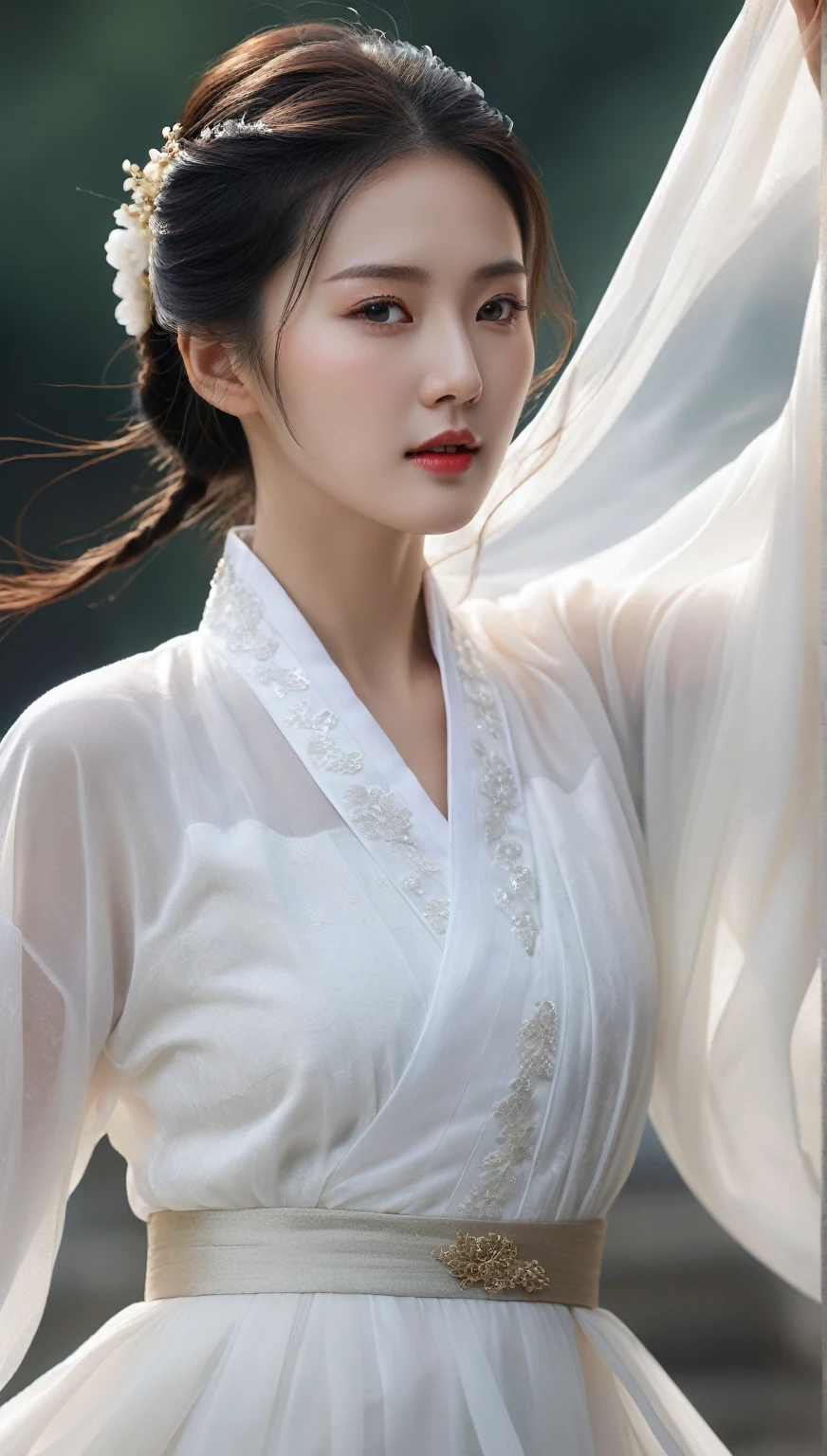 beautiful Korean woman, (((Mikamaria))), (motion blur:1.3), abnormally stunning beautiful face, black and white close-up,woman in intricate pure white hanbok dress, Flying in the air like a Chinese movie ,spinning frantically, translucent tingling air particles on dress hem, in ancient china, professional fashion photography,UHD, 4k, 8k
