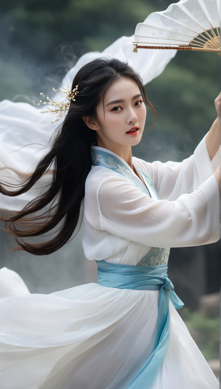 Super detailed characters,Depicts a 25-year-old woman,Wear transparent, Transparent silk hanfu,Immerse yourself in ultra-detailed forest environments,Towering trees background,Her hair black and shiny,The cleavage protrudes,Sharp,Sexy tong,Presents a very dynamic effect。The picture full of color,Use real photography art,Added motion effects。Overall ancient style,Turn around and look behind you,facing the front there,human body panorama。