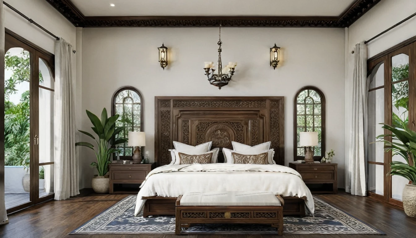 Render close-up shot of a serene Indochine-style bedroom that matches the overall design of a 5-meter-wide, 3-story townhouse. The bedroom features a grand wooden bed with an intricately carved headboard and luxurious, patterned bedding in warm, earthy tones. The walls are painted a calming white, accented with dark wooden beams and traditional Indochine wall art. Large arched windows with wooden shutters offer a view of the urban setting while providing ample natural light. Elegant bedside tables with traditional lamps and a classic wooden wardrobe with ornate details complete the look. The flooring is dark hardwood, complemented by a soft, patterned rug. Tropical plants and a cozy seating area by the window enhance the peaceful ambiance.
8k resolution, UHD, high-quality detail, Indochine style, serene bedroom, grand wooden bed, intricately carved headboard, luxurious patterned bedding, warm earthy tones, calming white walls, dark wooden beams, traditional Indochine wall art, arched windows, wooden shutters, natural light, elegant bedside tables, traditional lamps, classic wooden wardrobe, ornate details, dark hardwood flooring, soft patterned rug, tropical plants, cozy seating area.