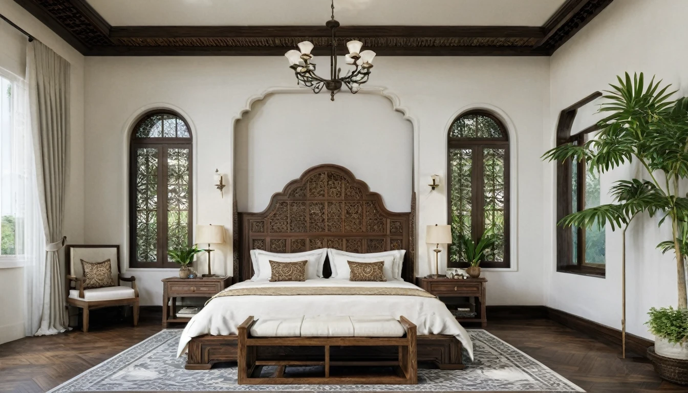 Render close-up shot of a serene Indochine-style bedroom that matches the overall design of a 5-meter-wide, 3-story townhouse. The bedroom features a grand wooden bed with an intricately carved headboard and luxurious, patterned bedding in warm, earthy tones. The walls are painted a calming white, accented with dark wooden beams and traditional Indochine wall art. Large arched windows with wooden shutters offer a view of the urban setting while providing ample natural light. Elegant bedside tables with traditional lamps and a classic wooden wardrobe with ornate details complete the look. The flooring is dark hardwood, complemented by a soft, patterned rug. Tropical plants and a cozy seating area by the window enhance the peaceful ambiance.
8k resolution, UHD, high-quality detail, Indochine style, serene bedroom, grand wooden bed, intricately carved headboard, luxurious patterned bedding, warm earthy tones, calming white walls, dark wooden beams, traditional Indochine wall art, arched windows, wooden shutters, natural light, elegant bedside tables, traditional lamps, classic wooden wardrobe, ornate details, dark hardwood flooring, soft patterned rug, tropical plants, cozy seating area.