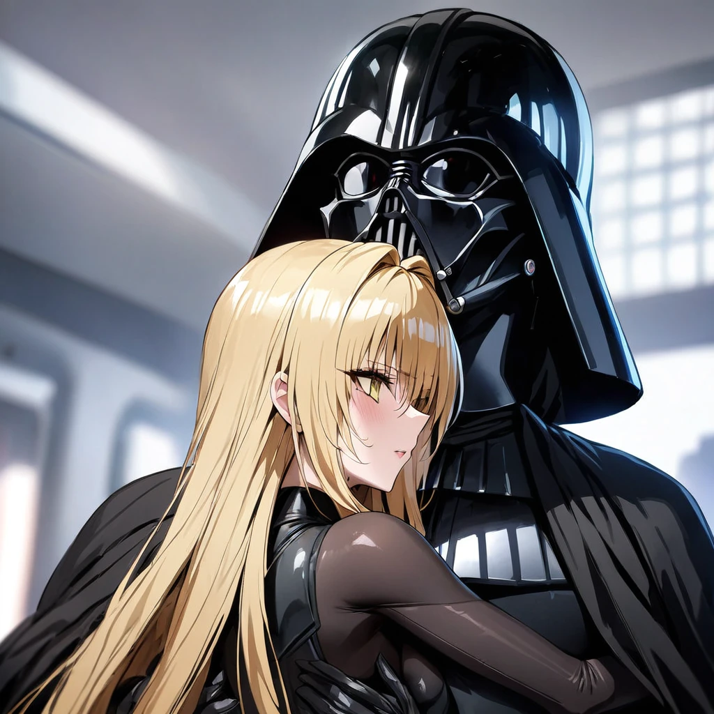 ((Highest quality)), ((masterpiece)), (detailed), (Perfect Face)、The woman is the Sith Lord Tearju, with medium-long blonde hair, a female version of Darth Vader, wearing the same bodysuit and protector as Darth Vader, a full-face helmet like Darth Vader, a black cloak, and carrying a red lightsaber.