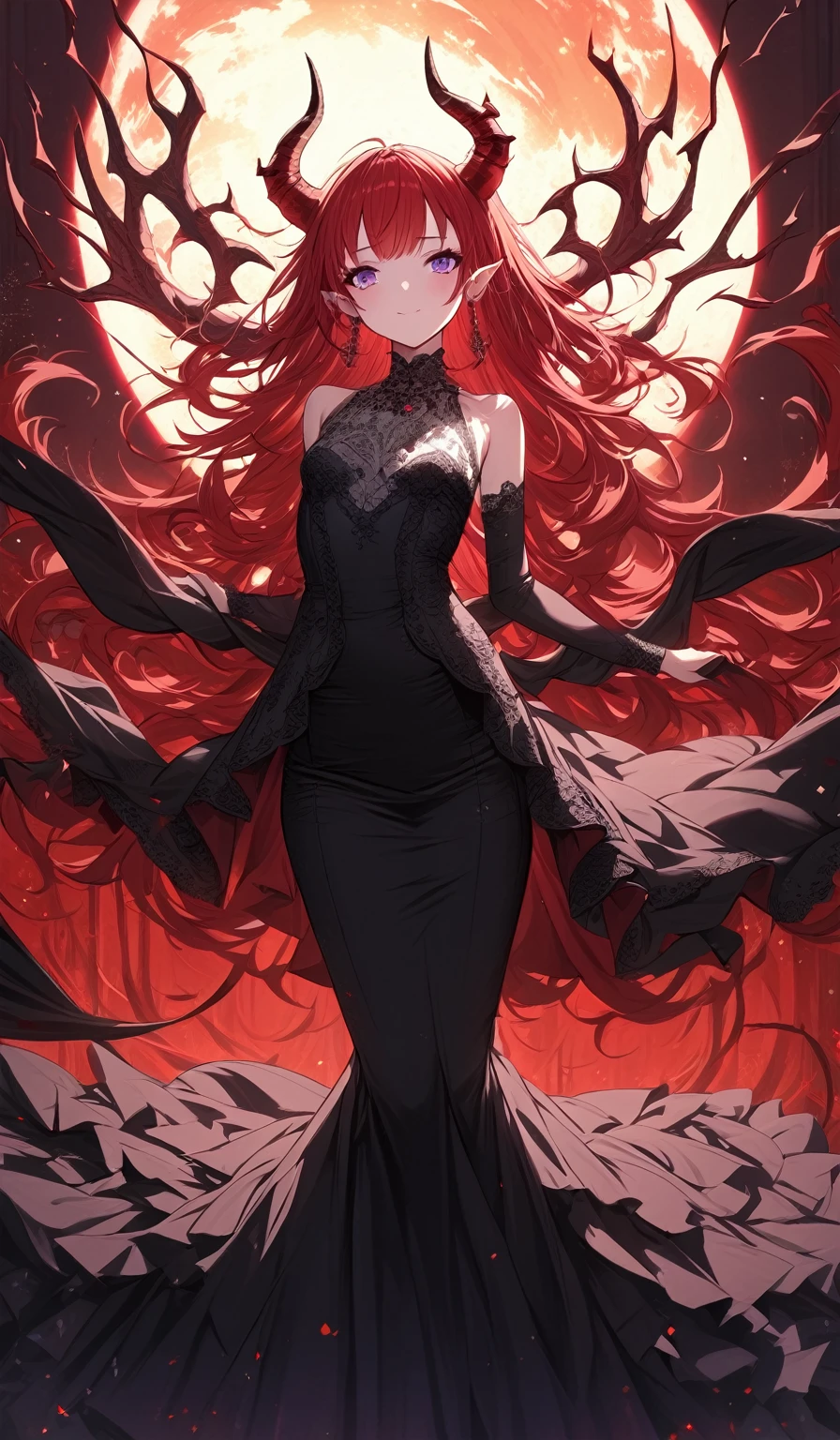 Masterpiece, very detailed, ultra detailed, one, (1 girl), she is in a red detailed and lace dress, and in an elegant position, she is tall, childish style, long red hair and Bings on the sides, red demonic horns, beautiful, charming, purple eyes, elegant, small breasts, kind face, charming, she stands against the background of red trees and the big sun.