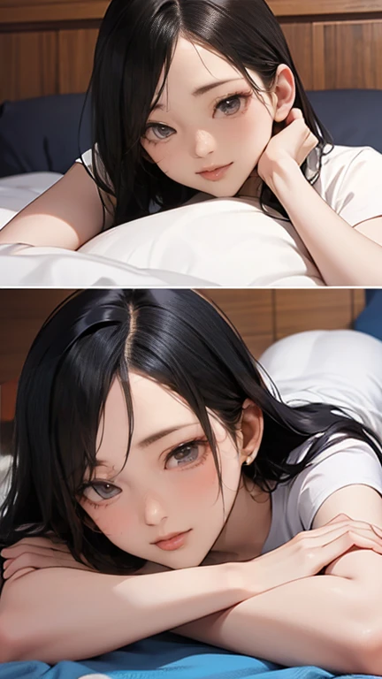  ((Woman sleeping in bed)), ((Legs wide open))、Black Hair,   Realistic Face, Natural Face, Top View, Beautiful sleeping face, An exquisitely crafted face,Three poses before and after　highest quality、Realistic、8K quality、High resolution、One Girl Uniform、、Uniformity of hairstyle、、Shoot an illustration in one shot　　Pause Front View　真From below撮ったポーズ画像、　Three poses from behind　　From below　斜めFrom belowのアングル　　正面From belowのアングル　　　,((Hands tied))。(((Fully naked body)))