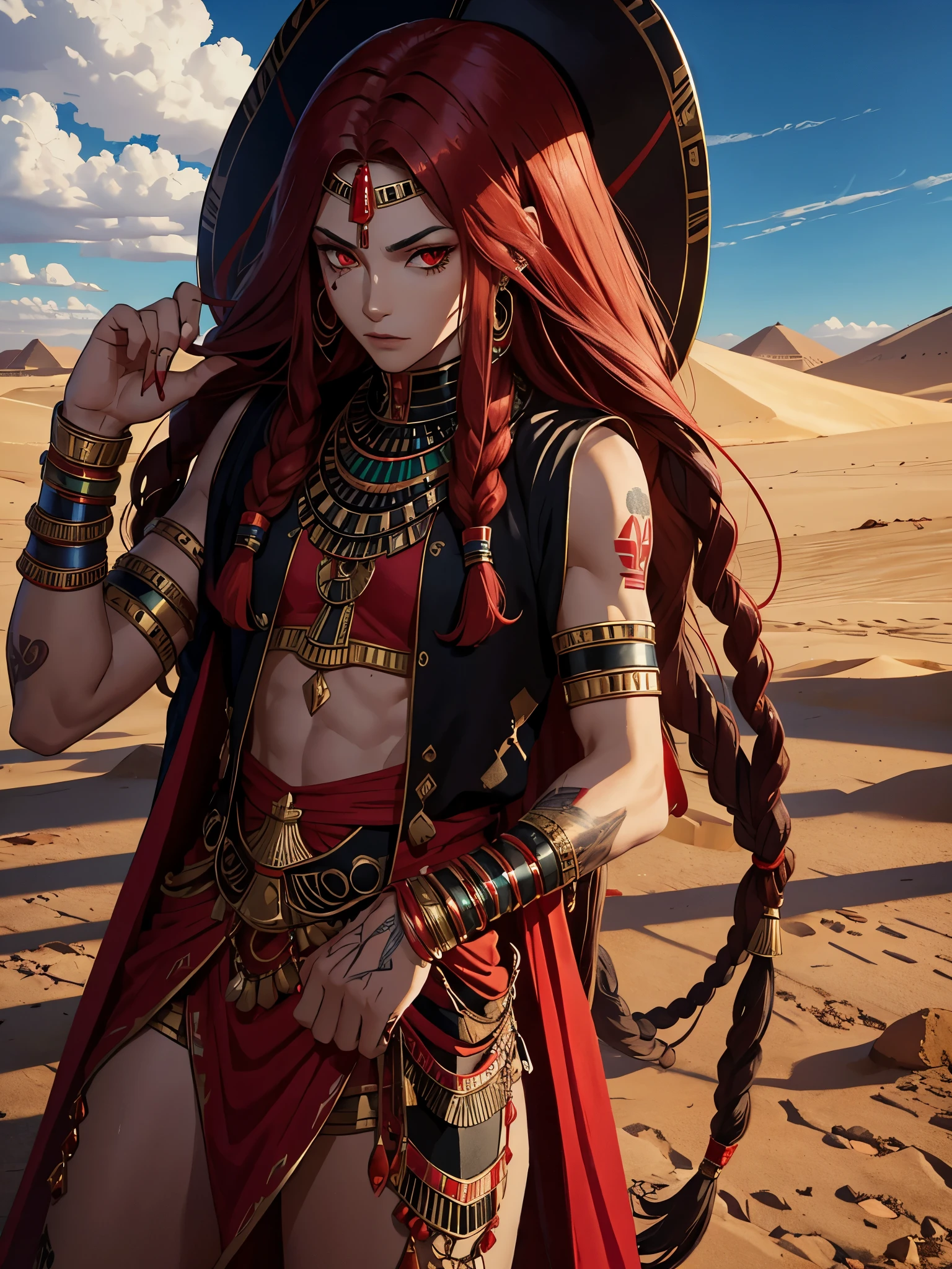 Egyptian deity Seth. long red hair, black and red clothes. Lots of jewelry. light skin. Desert. Tattoos, Egyptian. red eye. Rotes Make Up. Feminin man. traditional clothing.