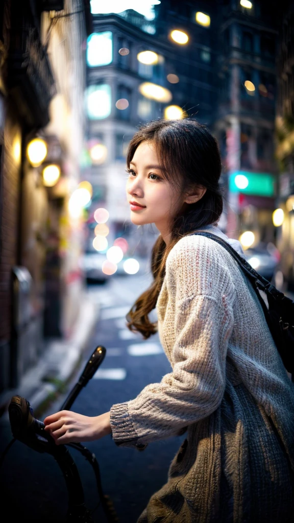 a girl riding a bicycle while ((using a smartpho)))), detailed face, beautiful detailed eyes, beautiful detailed lips, extremely detailed eyes and face, long eyelashes, detailed clothing, dynamic motion, urban city street background, (best quality,4k,8k,highres,masterpiece:1.2),ultra-detailed,(realistic,photorealistic,photo-realistic:1.37),vibrant colors,cinematic lighting,intricate details,street photography style