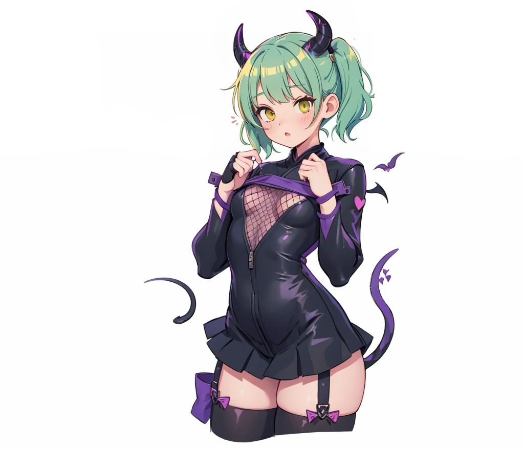 (succubus), small demonic wings, adolescent, curved ram horns, hands on chest, (retain current proportions), thin black heart shaped tail, black Japanese outfit with purple accents, large breasts, cleavage, demonic, stealth getup, (fishnet stockings)