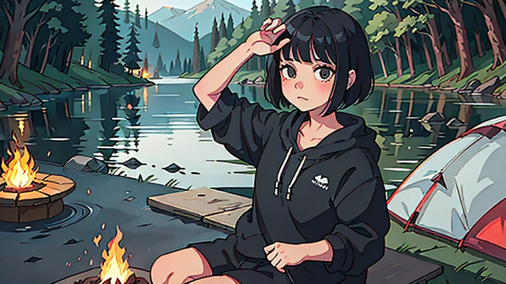 Loose-fitting anime-style girl camping solo by the lake. She stares at the campfire, sometimes blinks her eyes, and has black bob-cut hair.