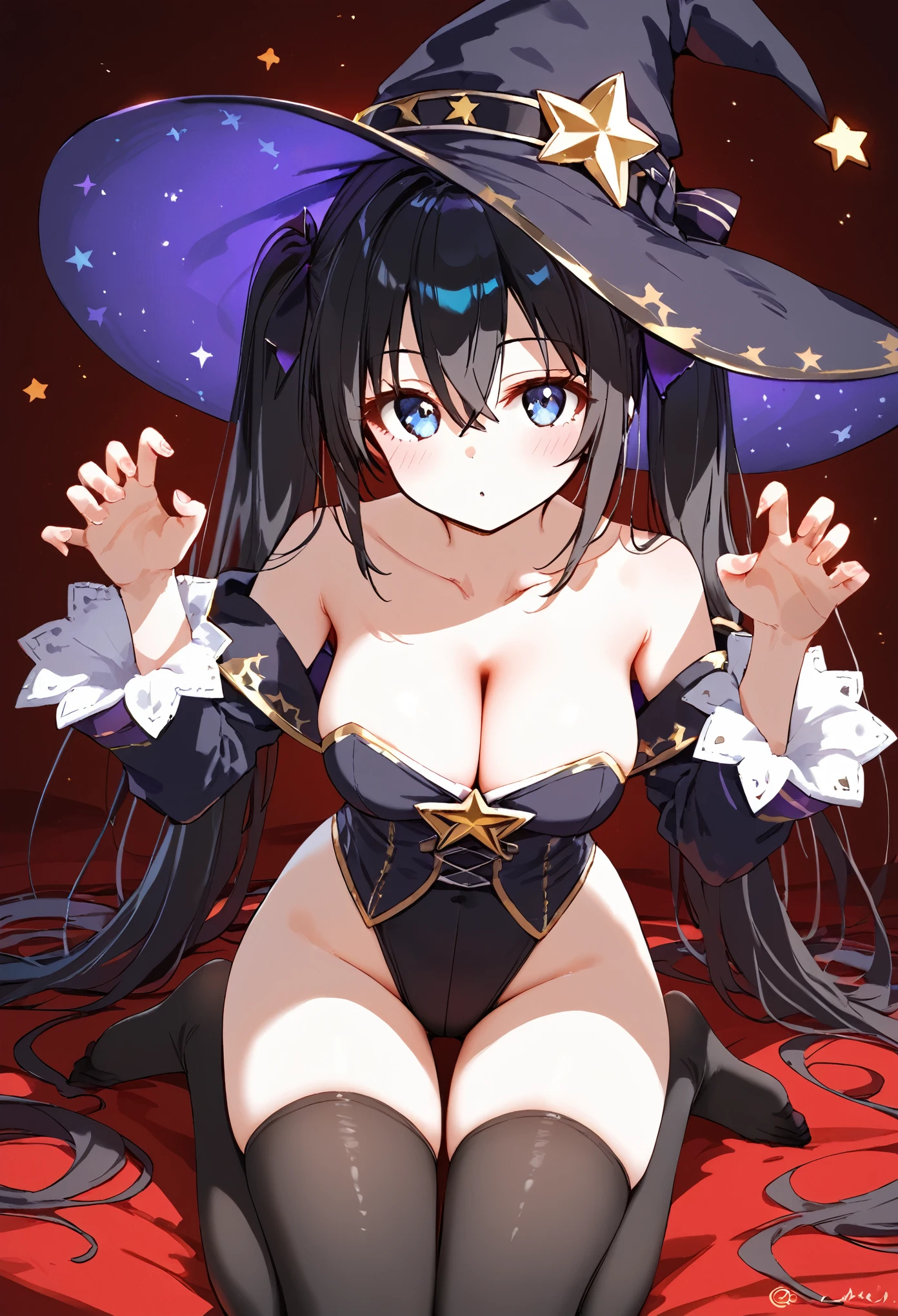 1 girl, bare shoulders, black hair, black tights, blue eyes, blush, breasts, cleavage, collarbone, loose sleeves, gloves, gold trim, hair between eyes, hat, high leg, long hair, long sleeves, looking up, medium bust, no shoes, tights, solo, star (symbol), strapless, thigh highs, twintails, hat not worn, headgear not worn, very long hair, watermark, witch hat, random pose