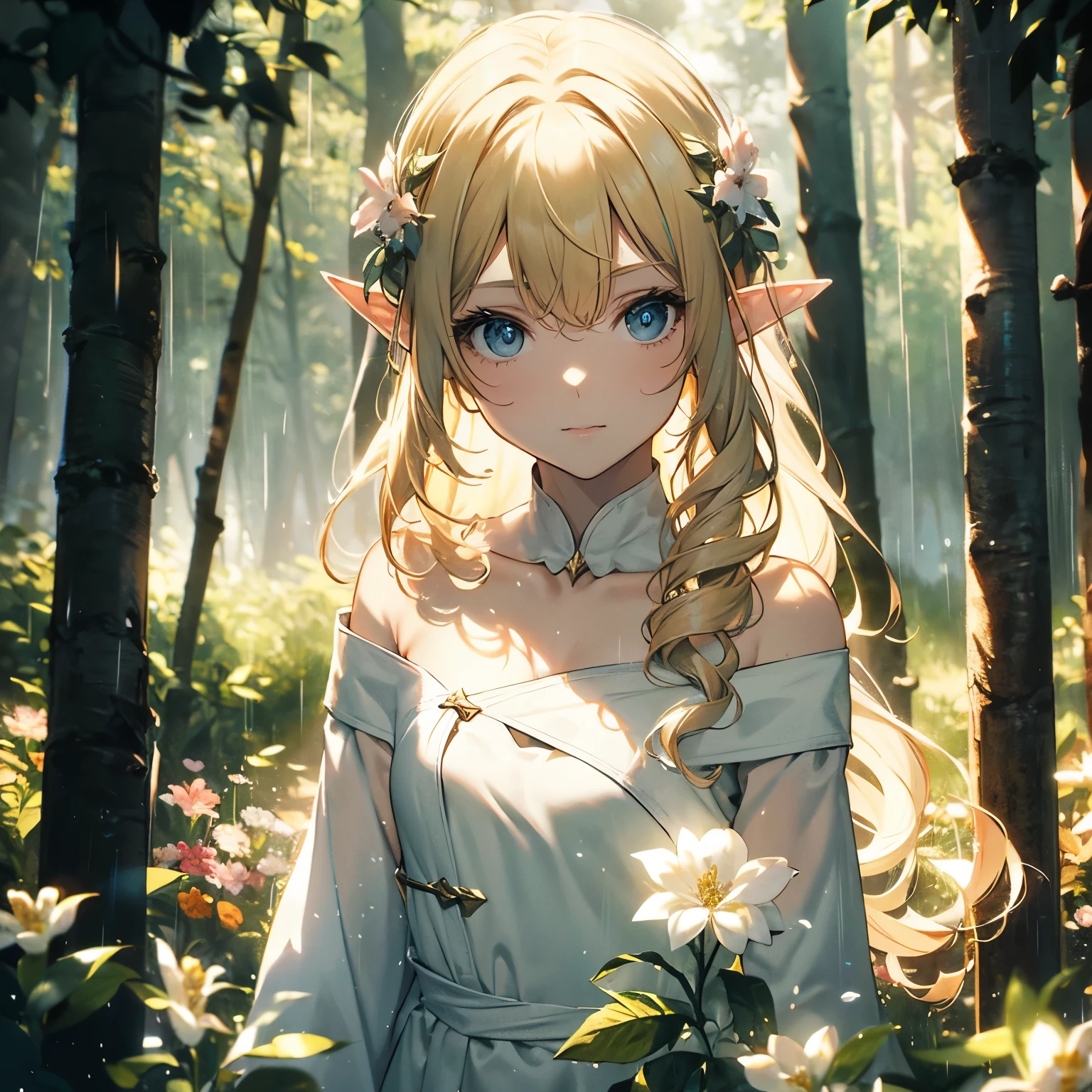 (8k), (masterpiece), (best quality), (super details), (award winning), (game illustration), (greeting face), lens flare, glowing light, woman in a noble dress standing in the woods with flower, modeling shoot, beautiful girl, elf girl, (beautiful face:0.8), slender blonde girl, pale skin curly blond hair, (off shoulder), (small breast), (rain in background)