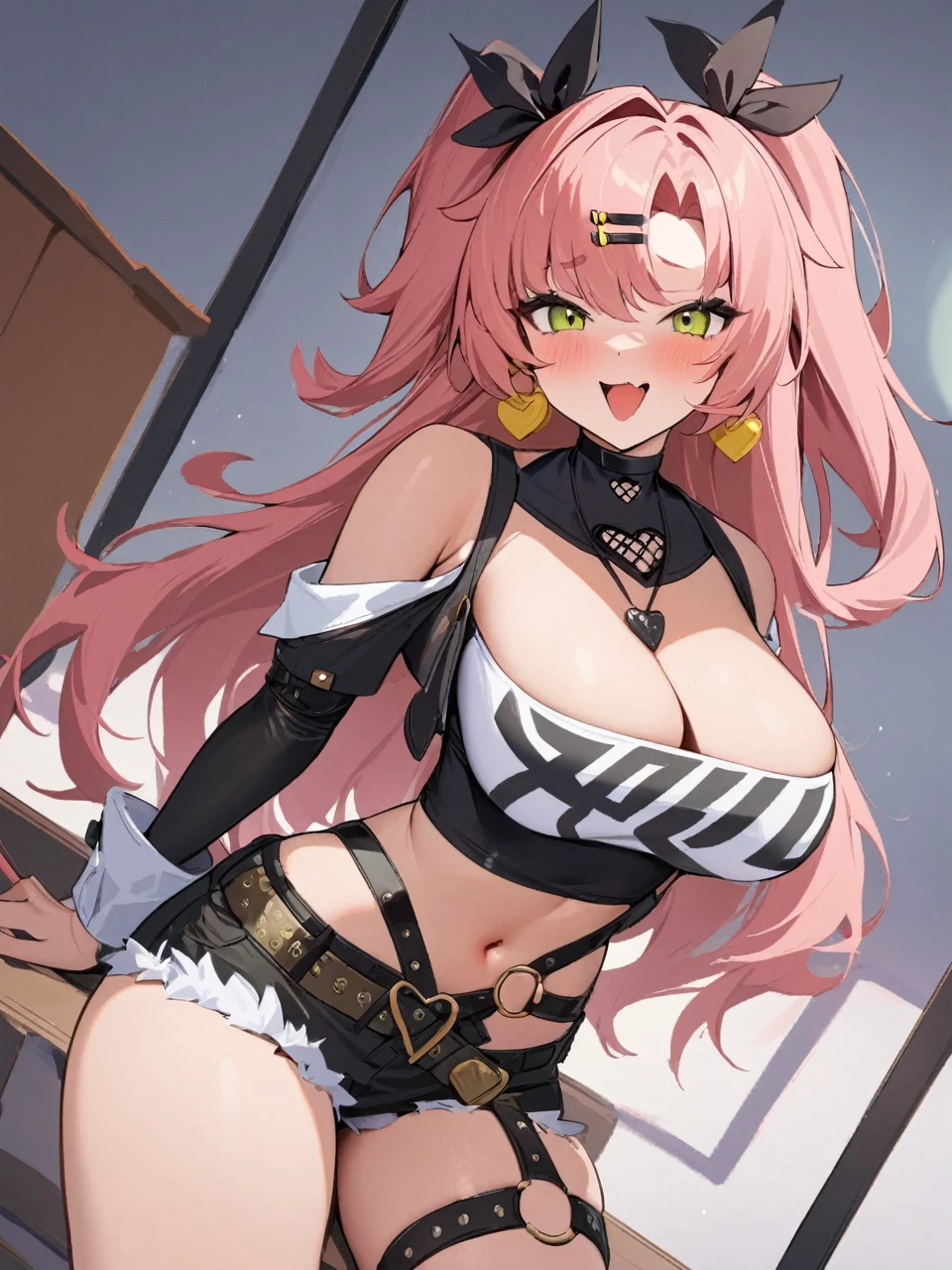 1girl, two_side_up,solo, large_breasts ,highres, nicole_demara,1girl,hair_ribbon, crop_top, looking_at_viewer, cowboy shot, masterpiece, best quality, absurdres, newest, posing sexy