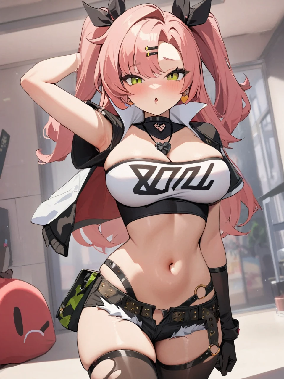 1girl, two_side_up,solo, large_breasts ,highres, nicole_demara,1girl,hair_ribbon, crop_top, looking_at_viewer, cowboy shot, masterpiece, best quality, absurdres, newest, posing sexy
