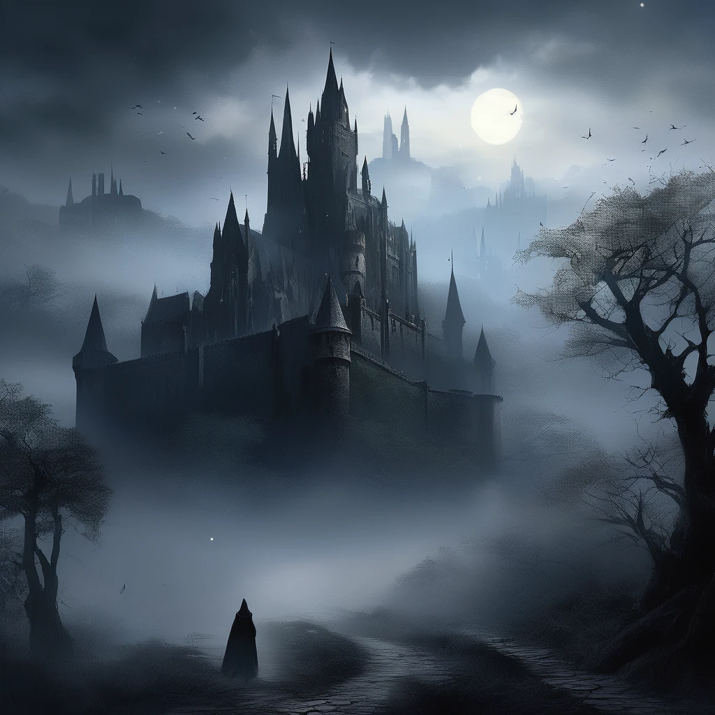 the kingdom of Blunder from a dark fantasy novel: a mist-covered landscape with dense, ancient forests, and a grand, shadowy castle towering over a medieval city with cobblestone streets and tall, gothic spires. Enchanted ruins and magical creatures hide in the background. The scene is filled with an eerie, mysterious atmosphere, with pockets of light breaking through the dense fog, symbolizing hope and resistance. The overall mood is dark, atmospheric, and magical, evoking a sense of danger and intrigue.
