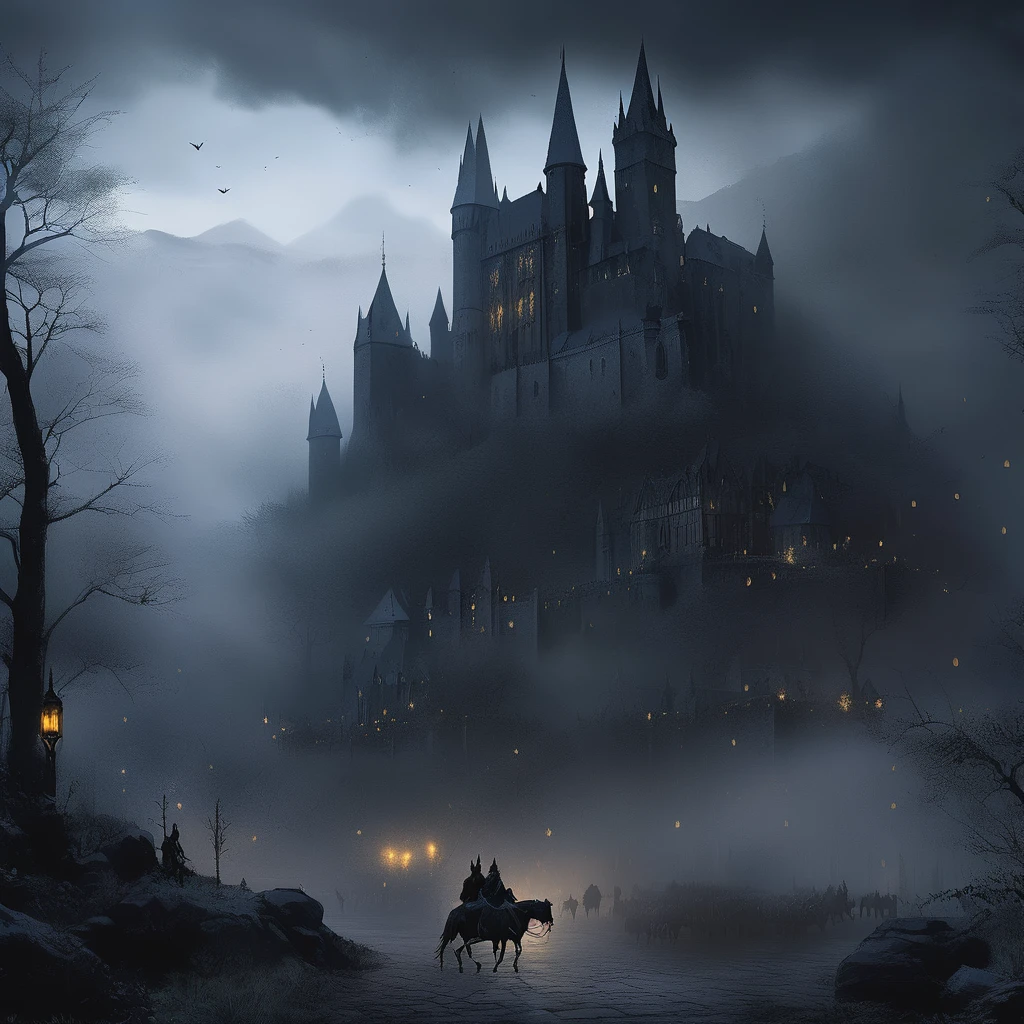 the kingdom of Blunder from a dark fantasy novel: a mist-covered landscape with dense, ancient forests, and a grand, shadowy castle towering over a medieval city with cobblestone streets and tall, gothic spires. Enchanted ruins and magical creatures hide in the background. The scene is filled with an eerie, mysterious atmosphere, with pockets of light breaking through the dense fog, symbolizing hope and resistance. The overall mood is dark, atmospheric, and magical, evoking a sense of danger and intrigue.