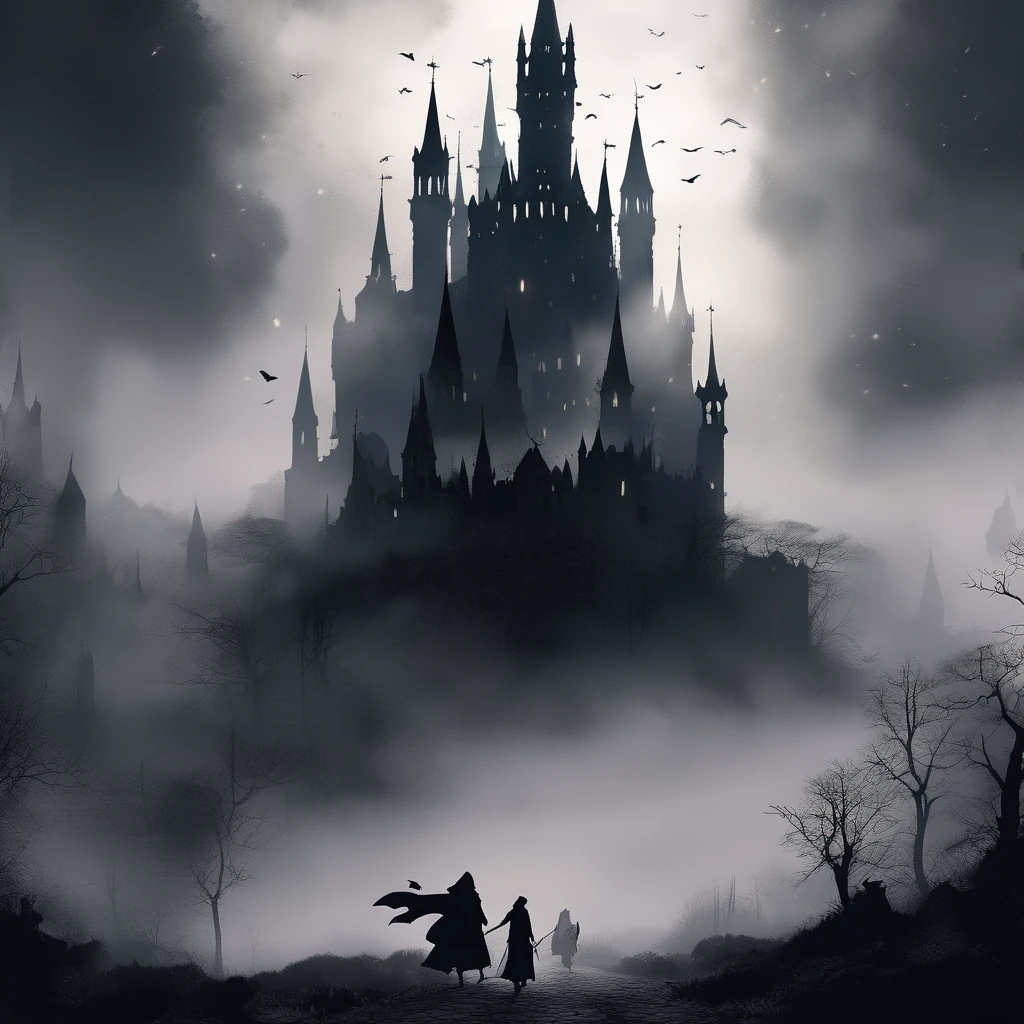 the kingdom of Blunder from a dark fantasy novel: a mist-covered landscape with dense, ancient forests, and a grand, shadowy castle towering over a medieval city with cobblestone streets and tall, gothic spires. Enchanted ruins and magical creatures hide in the background. The scene is filled with an eerie, mysterious atmosphere, with pockets of light breaking through the dense fog, symbolizing hope and resistance. The overall mood is dark, atmospheric, and magical, evoking a sense of danger and intrigue.