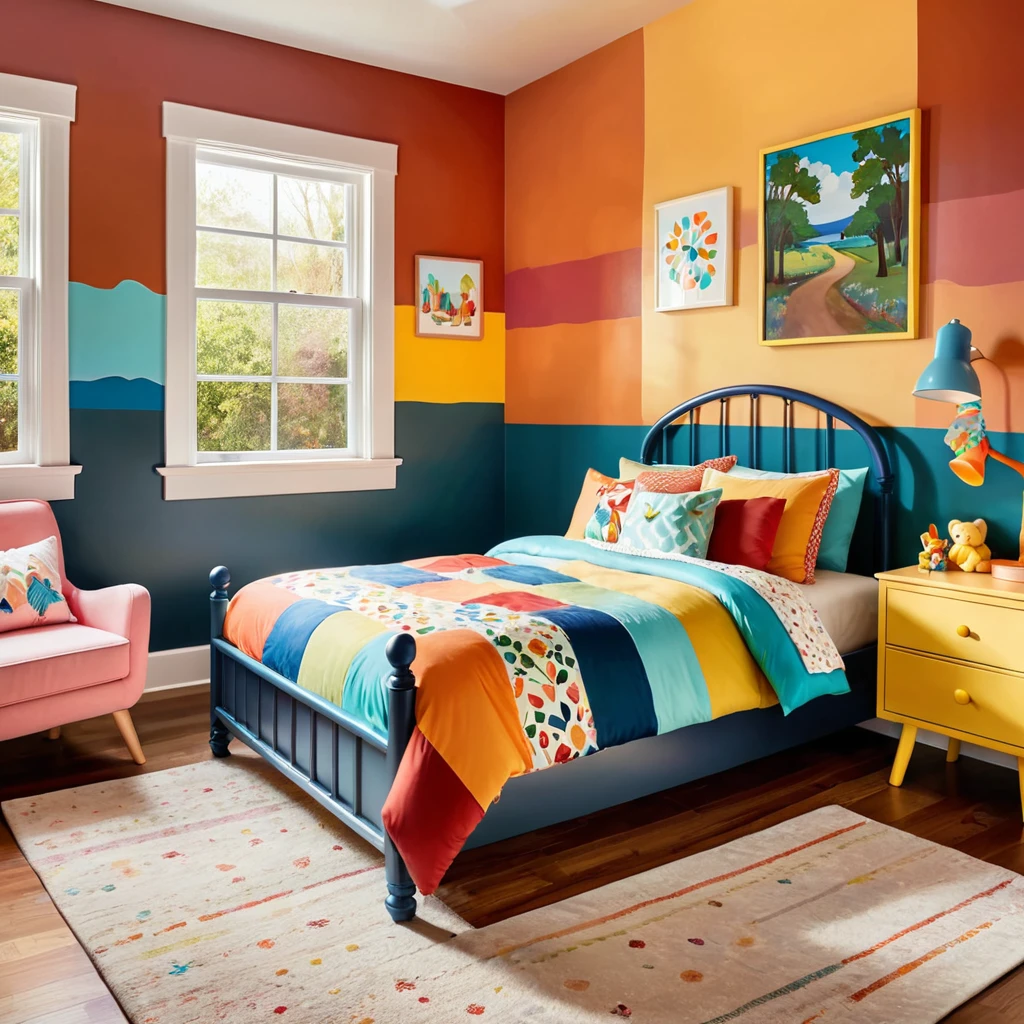 inside of a childs room, there is a bed with a colorful comforter, painted walls iron bark, radiant morning light, a picture on a nightstand