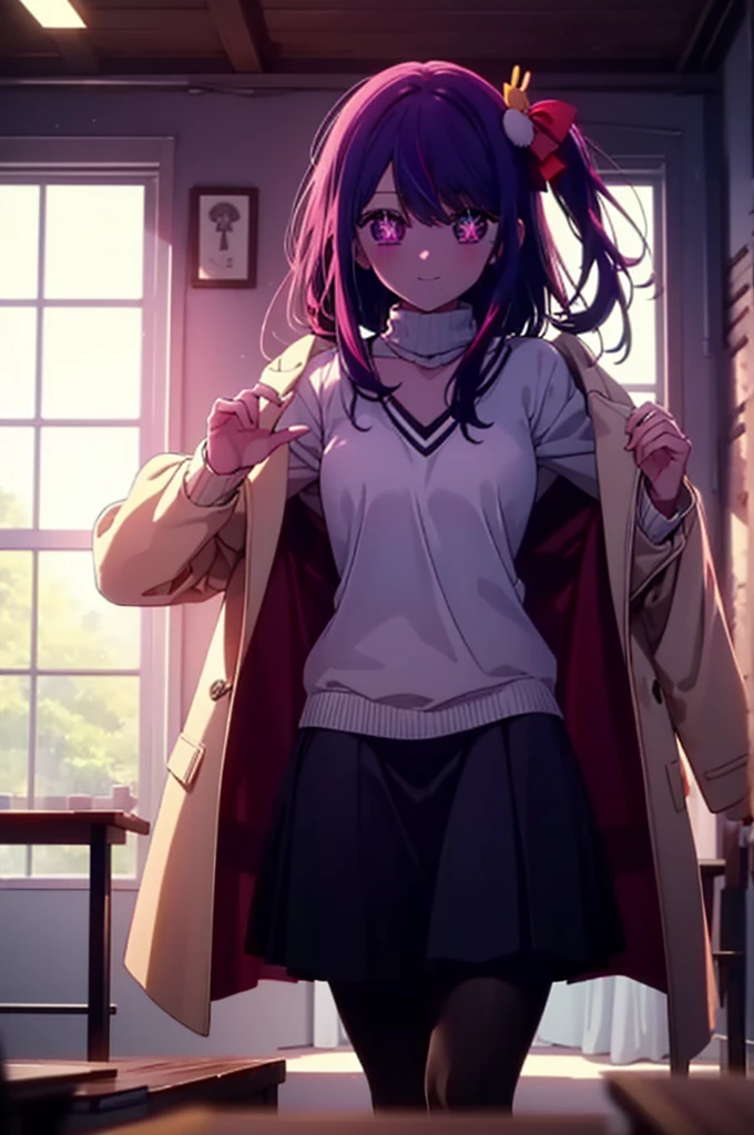 aihoshino, Ai Hoshino, Long Hair, bangs, (Purple eyes:1.1), Purple Hair, (Symbol-shaped pupil:1.5), smile,
break one side up, hair ornaments, Hair Ribbon, Purple long coat,V-neck sweater,Long skirt,Black pantyhose,short boots,Red muffler,It's snowing,Snow is falling,Are standing,whole bodyがイラストに入るように,
break indoors, Building district,
break looking at viewer, whole body,
break (masterpiece:1.2), Highest quality, High resolution, unity 8k wallpaper, (figure:0.8), (Beautiful attention to detail:1.6), Highly detailed face, Perfect lighting, Highly detailed CG, (Perfect hands, Perfect Anatomy),