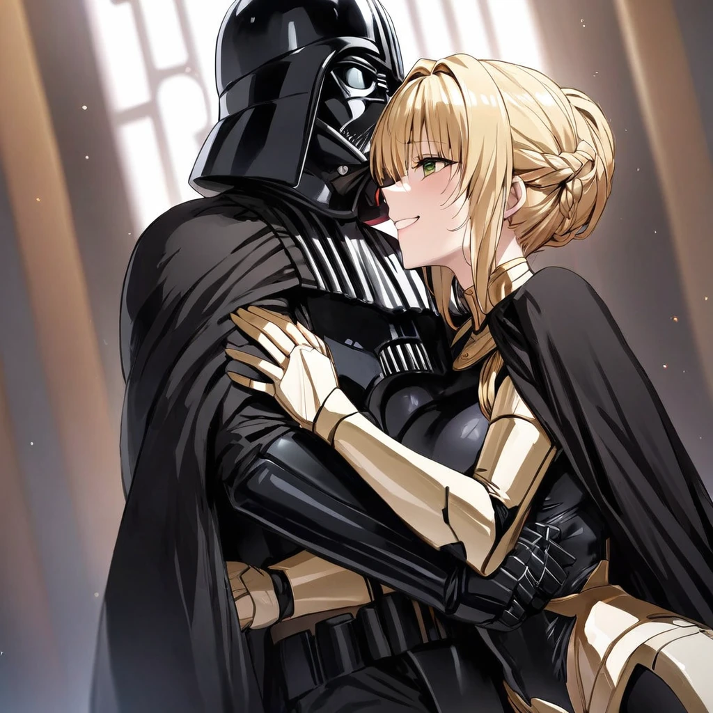 ((Highest quality)), ((masterpiece)), (detailed), （Perfect Face）、The woman is a Stormtrooper named Tiare, with green eyes, blonde medium-length hair, and a Princess Leia hairstyle. She is wearing a gorgeous black leotard suit with gold embroidery and trim, and a gorgeous black cape.、The woman is being held tenderly by Darth Vader、The woman is smiling gently at Darth Vader、the woman is pregnant