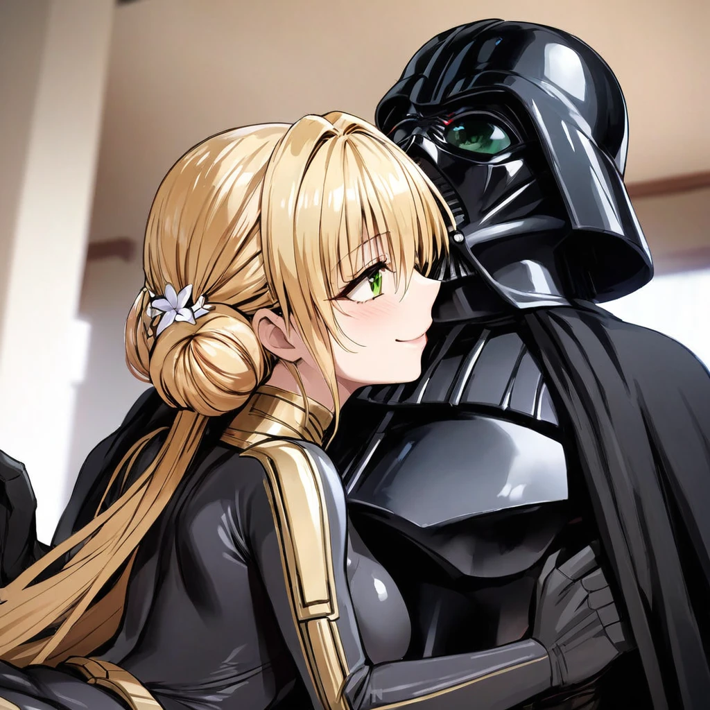 ((Highest quality)), ((masterpiece)), (detailed), （Perfect Face）、The woman is a Stormtrooper named Tiare, with green eyes, medium blonde hair, and a Princess Leia hairstyle. She is wearing a gorgeous black Stormtrooper bodysuit with gold patterns and trim, and a gorgeous black cape.、The woman is being held by Darth Vader, they are kissing and making love, and the woman is smiling gently at Darth Vader.