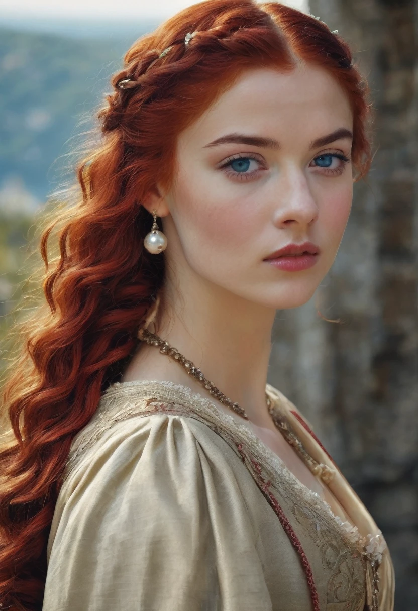 young woman(23 years old). Bright red, Wavy hair, braided(in the manner of Lucrezia Borgia или на манер таргариенов), pearl earrings in the ears, necklace of pearls on the neck. Eyes sky blue. Red eyebrows, very thin and curved. The skin is pale, she has freckles. Elongated face, oval shape. Dress in Renaissance or Middle Ages style, in the manner of Lucrezia Borgia. Mouth wide, and your lips are full. Брови very thin and curved, Light. одета в платье in the manner of Lucrezia Borgia. Realism style.