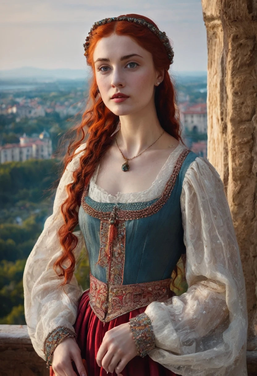 young woman(23 years old). Bright red, Wavy hair, braided(in the manner of Lucrezia Borgia или на манер таргариенов), pearl earrings in the ears, necklace of pearls on the neck. Eyes sky blue. Red eyebrows, very thin and curved. The skin is pale, she has freckles. Elongated face, oval shape. Dress in Renaissance or Middle Ages style, in the manner of Lucrezia Borgia. Mouth wide, and your lips are full. Брови very thin and curved, Light. одета в платье in the manner of Lucrezia Borgia. Realism style.